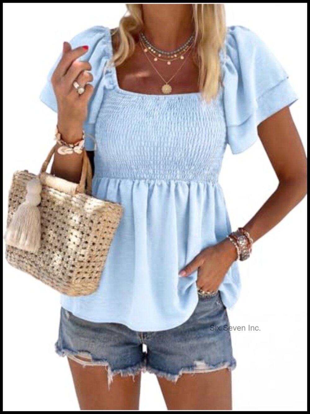 Women's Square Neck Peplum Blouse Ruffle Short Sleeve Smocked Top